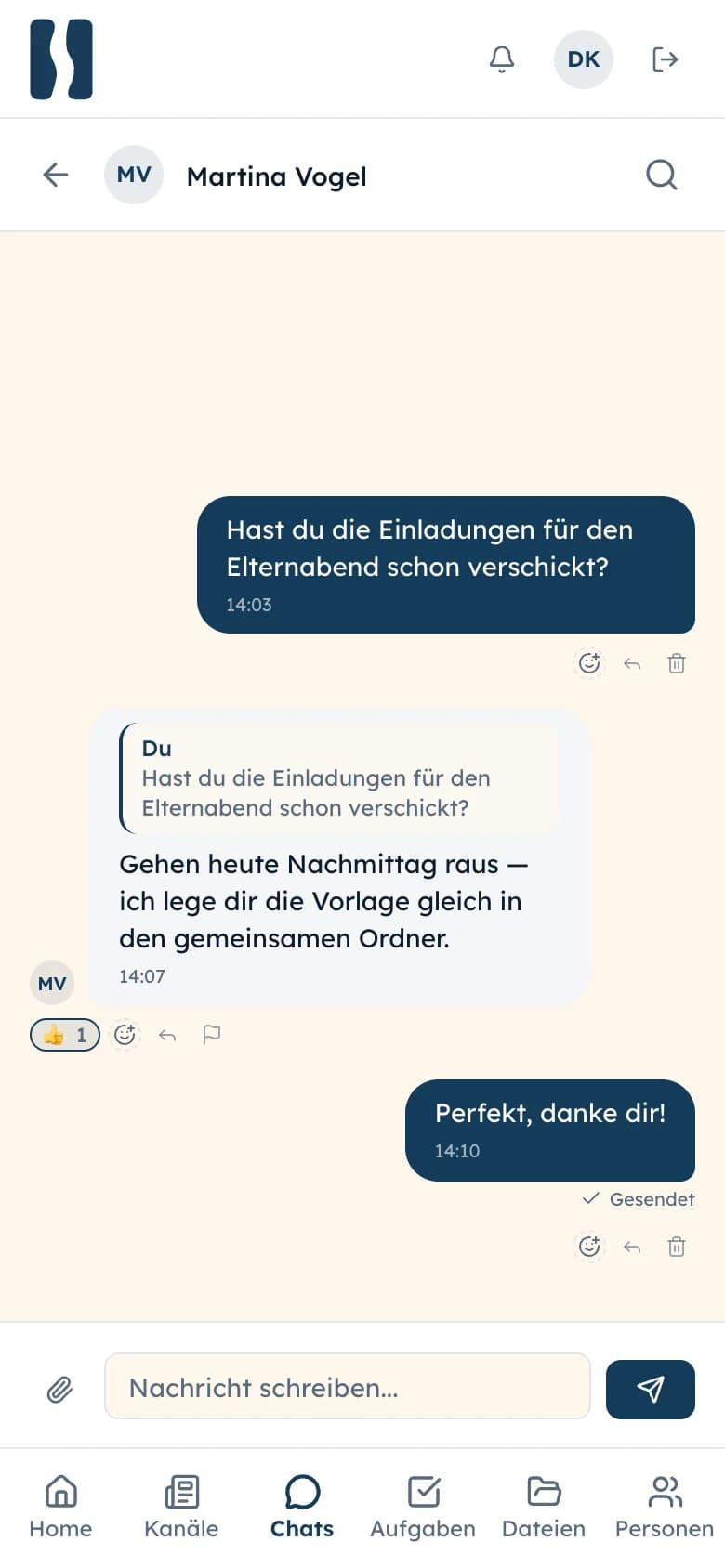 SELAS-Chat auf dem Smartphone mit Direktantwort und Reaktion (Demo-Daten)