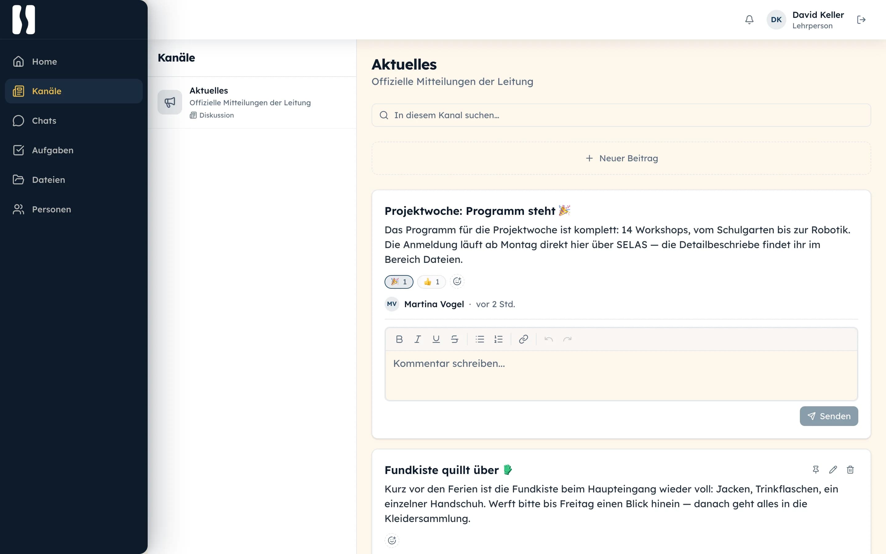 SELAS channel «News» with announcements, reactions and comments (demo data)