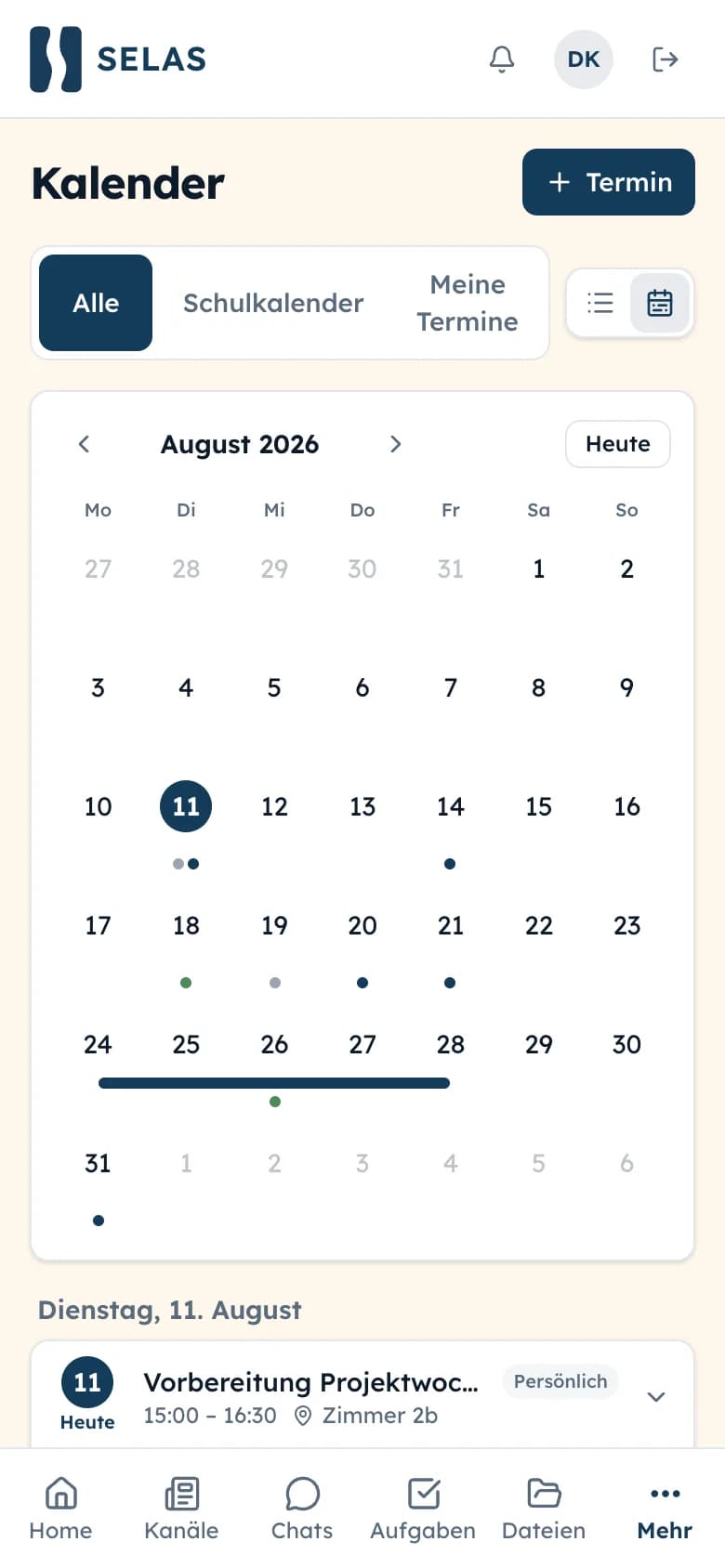 SELAS-Kalender auf dem Smartphone: Monatsraster mit Terminpunkten, Projektwochen-Balken und Tagesliste (Demo-Daten)