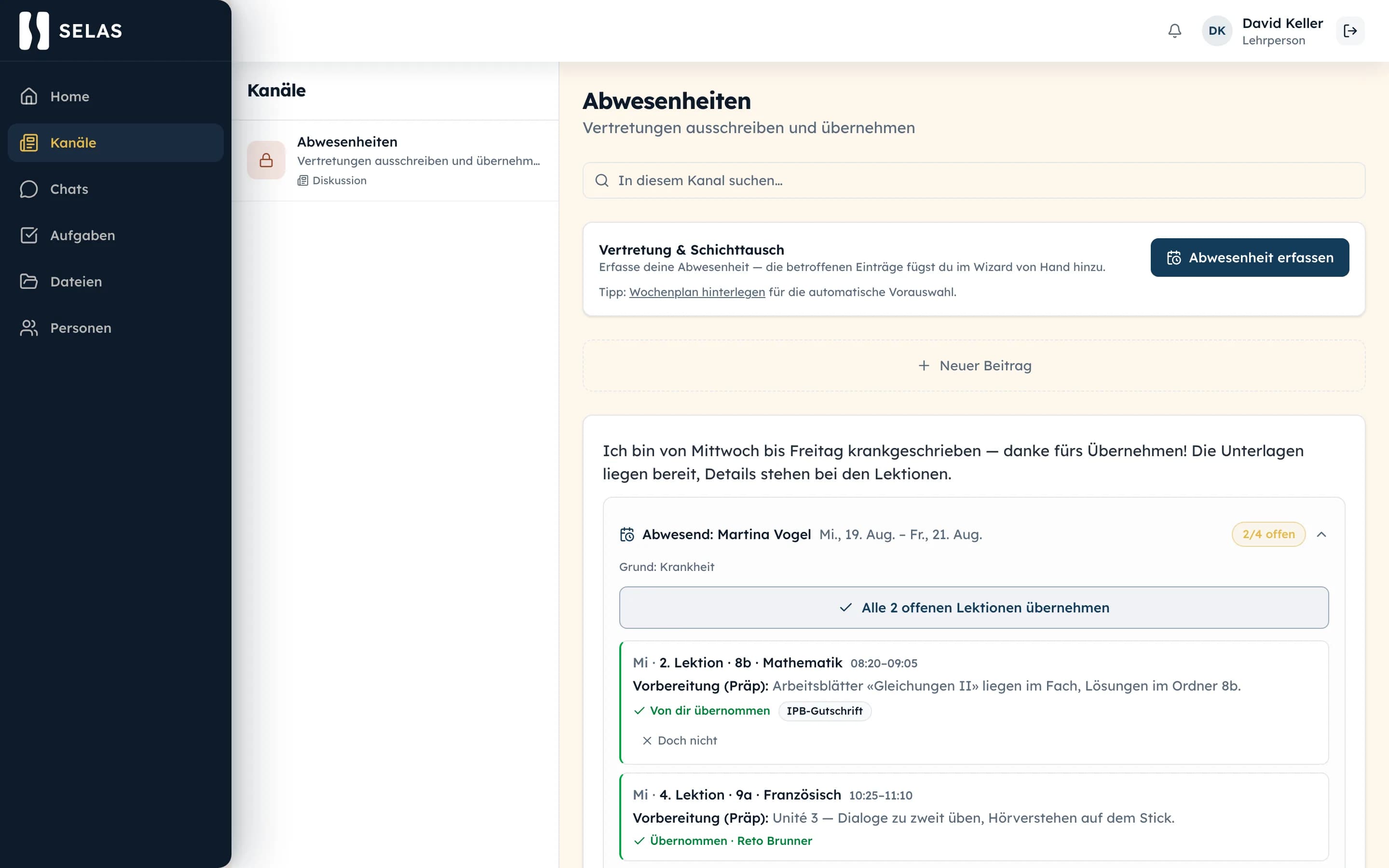 SELAS-Vertretungskanal mit Ausschreibung und übernommenen Lektionen (Demo-Daten)
